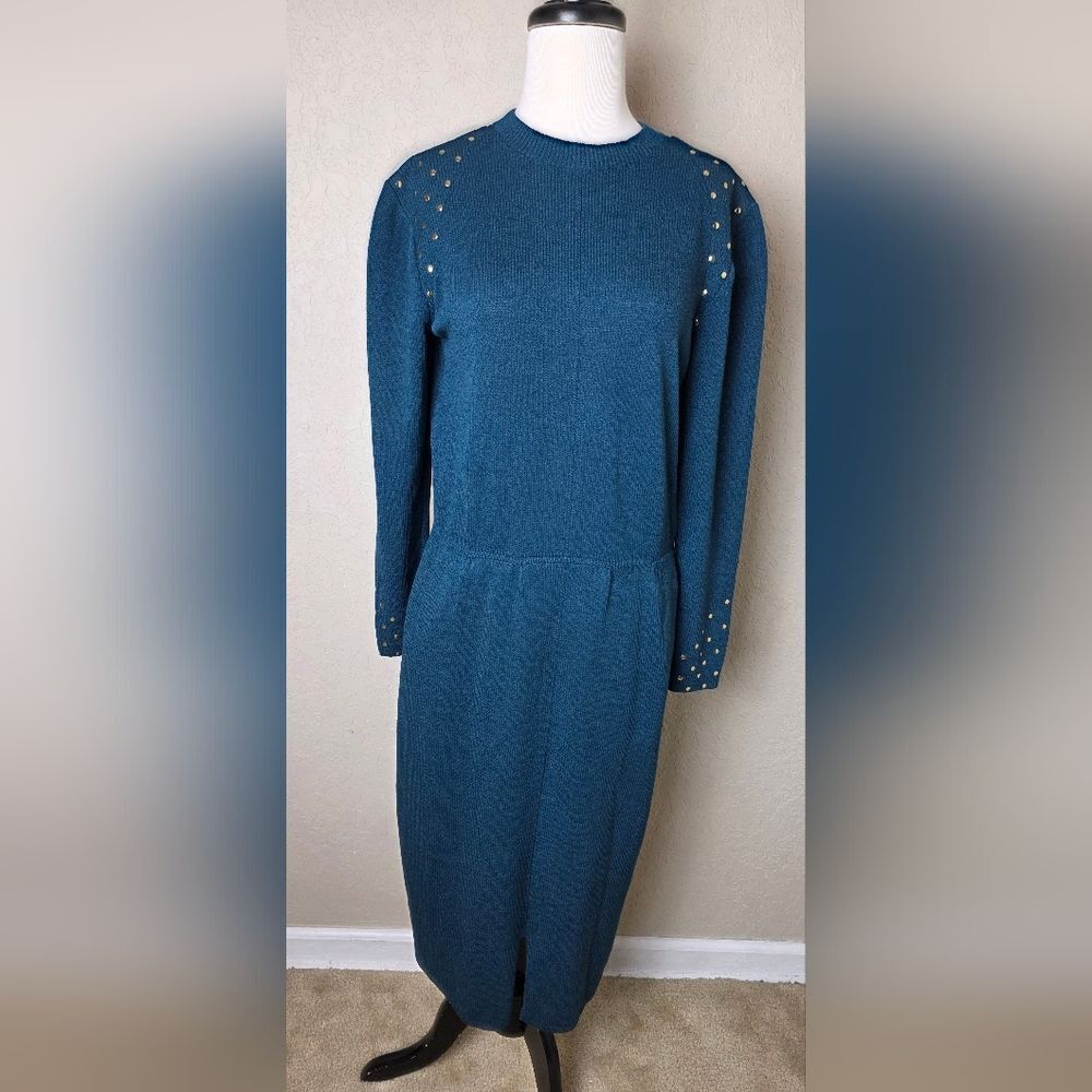 St.John Vintage Knit Long Sleeve Gold Studs Midi Dress Emerald Green Size 10